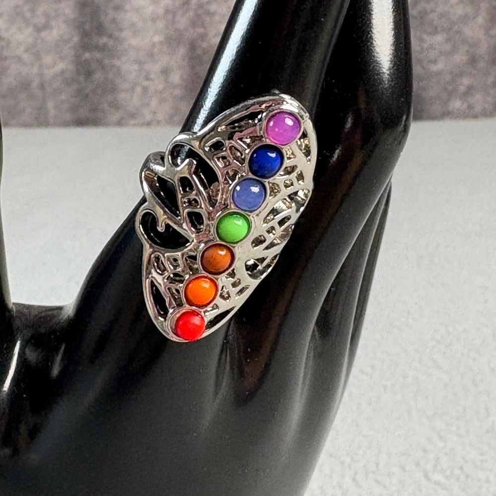 Chakra Rainbow Filigree Adjustable Ring Silver Tone Multi Color Cabochon